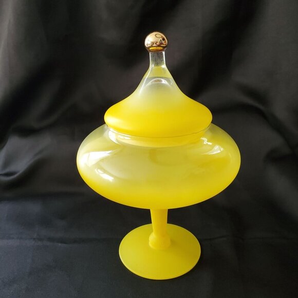 VTG Lemon Yellow Empoli MCM Circus Tent Bonbonniere Apothecary Lidded Jar 8.5" - Picture 5 of 16